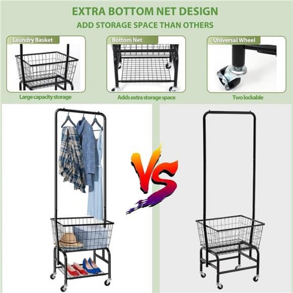 Laundry Cart with Wheels and Hanging Rack, Rolling Laundry Basket Clothes Rack - Picture 2 of 7